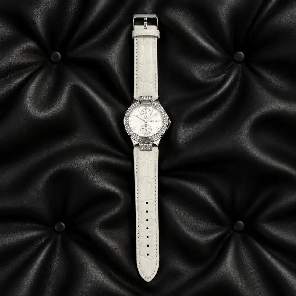 GUESS Prism W11607L1 Women's Silver Multi-Function Watch White Leather Band